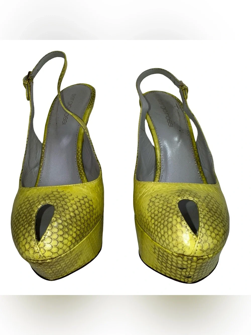 SERGIO ROSSI YELLOW SNAKE SLINGBACK PLATFORM HEELS